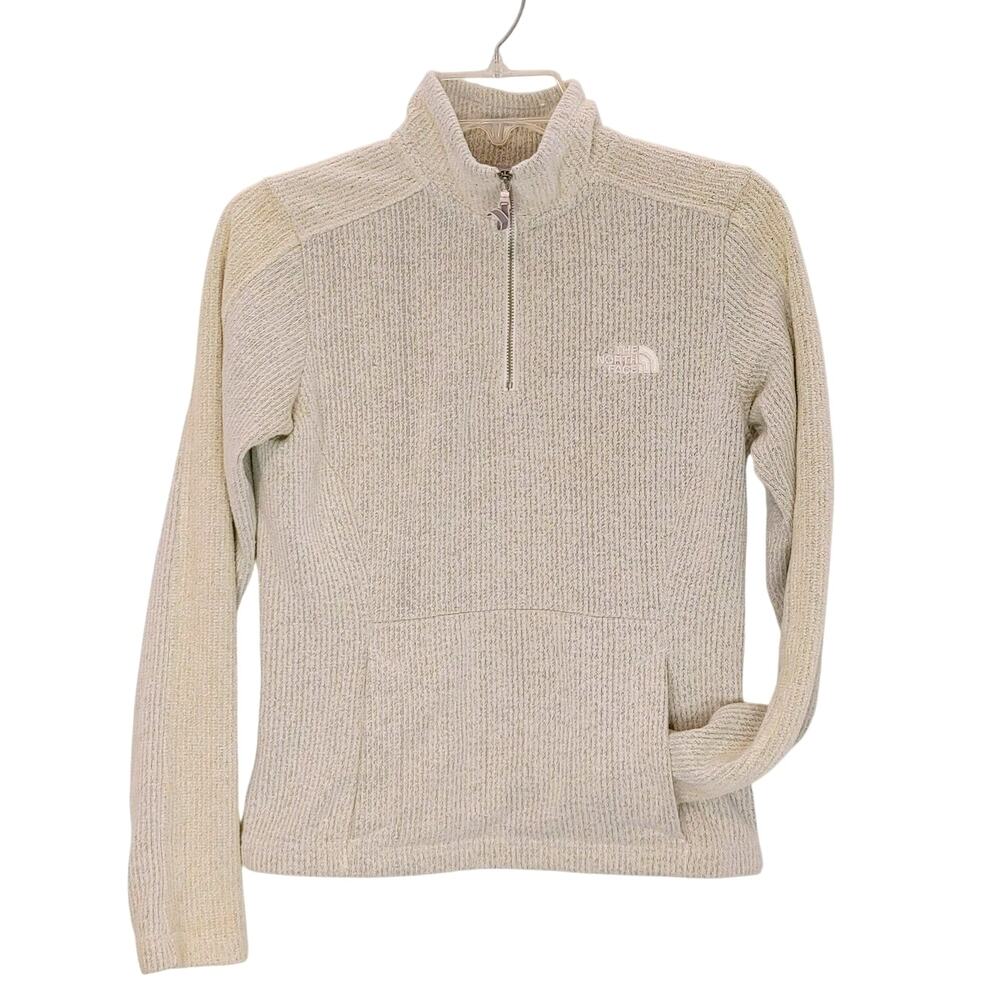 The North Face 1/4 Zip Jacket Mock Neck Embroidered Logo Knit Cream Womens XS